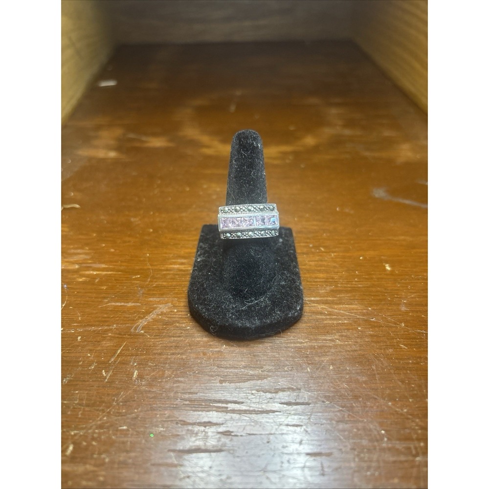 Sterling Silver / 925 Pink Stones & Marcasite Cocktail Ring Size 5.5